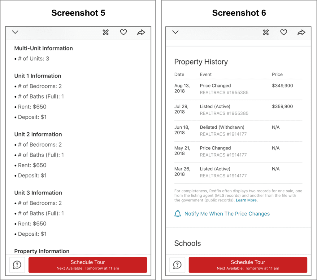 Two-panel image showcasing rental info for units alongside property history, perfect for property search apps. Details include bedrooms, baths, rent, and deposit for three units, with listing changes and price trends clearly outlined.