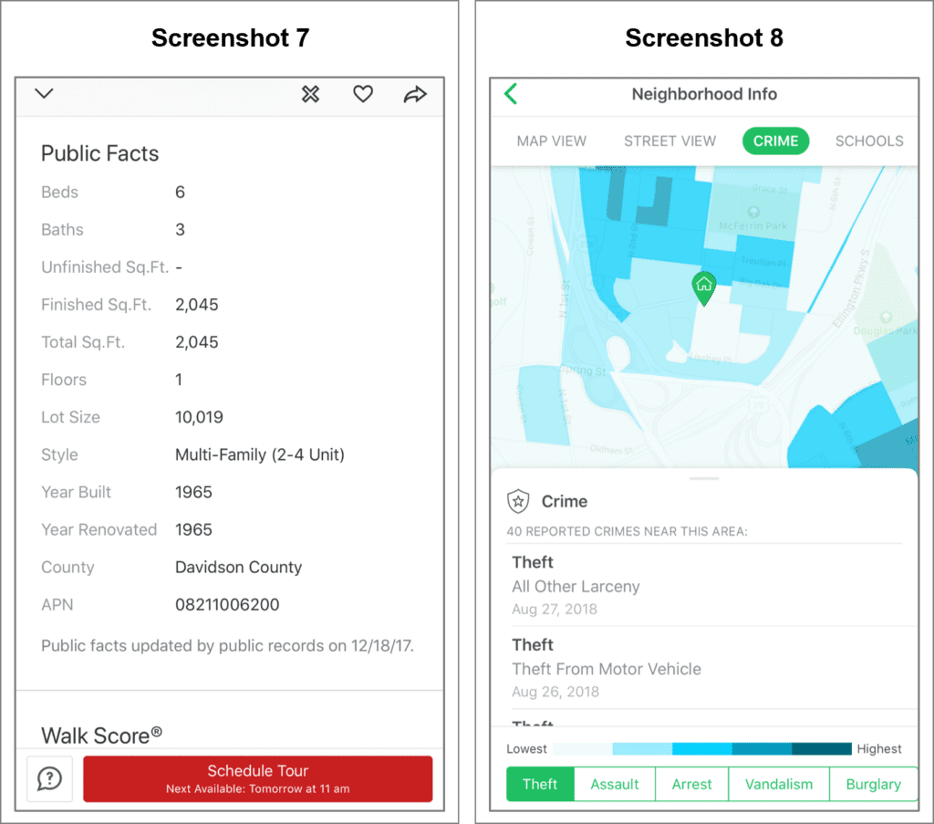 Split screen with property search apps displaying on the left, showcasing a multi-family home built in 1965, and a crime map on the right, highlighting thefts near the area.