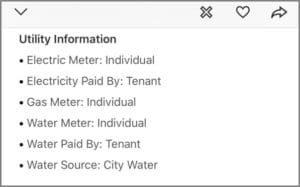 Utility information list: Electric, gas, and water meters are individual, making it easy to manage through property search apps. Electricity and water are paid by the tenant. Water source is city water.