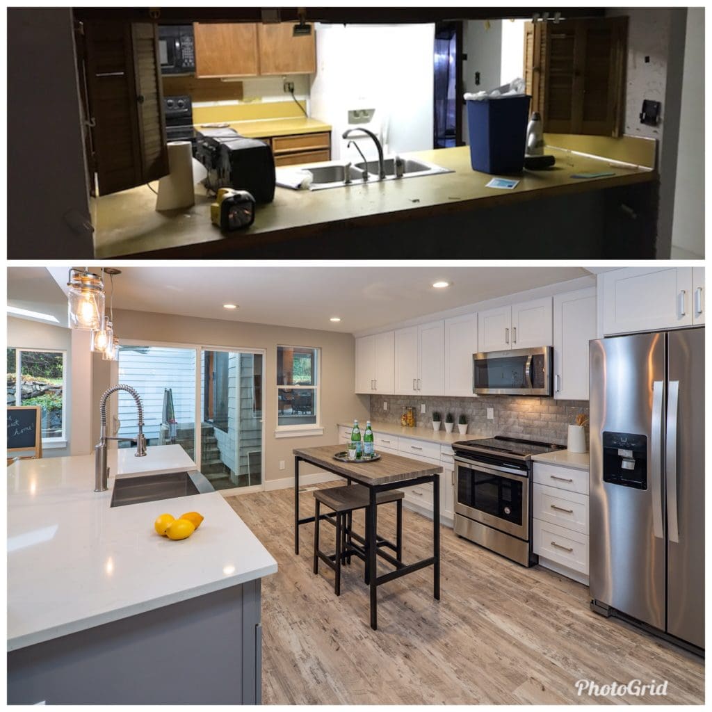 Before and after images showcase the transformation seen in house flipping: a cluttered, outdated kitchen becomes a modern masterpiece with white cabinets, stainless steel appliances, and a central island.