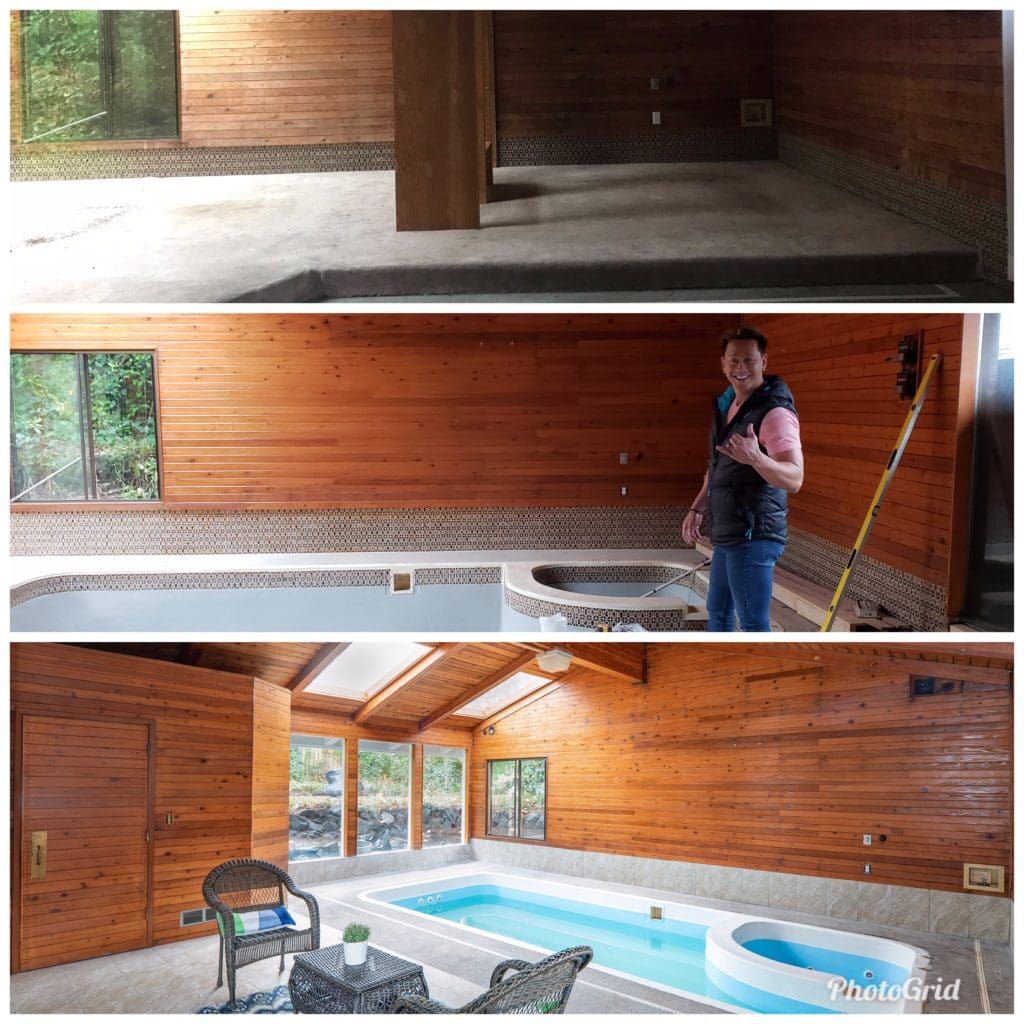Three images capture the art of flipping houses, showcasing the transformation of a wooden indoor room with a pool—from empty to fully furnished with wicker chairs and windows revealing an outdoor view.