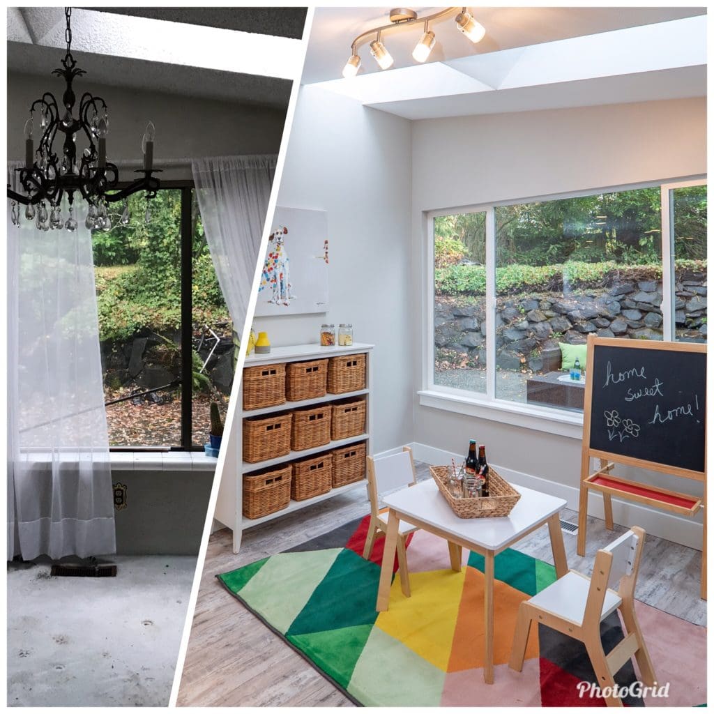 A side-by-side comparison showcases the transformation in the art of flipping houses: a dark, empty room with a chandelier on the left evolves into a bright, organized playroom complete with a rug, table, and chalkboard on the right.