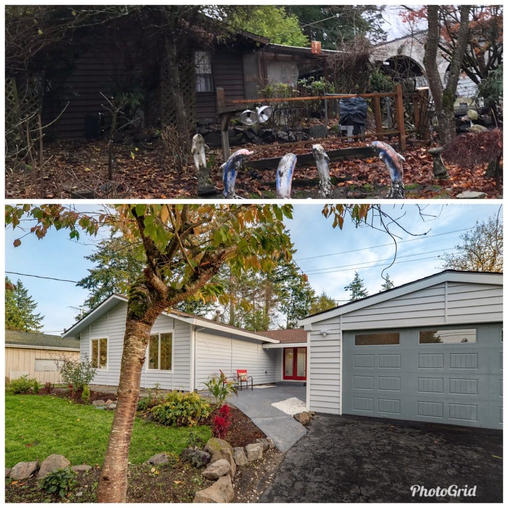 Top image: Overgrown, weathered house with clutter in the yard. Bottom image: Renovated, modern house with clean landscaping and driveway, showcasing the impressive transformation from a successful house flipping project.