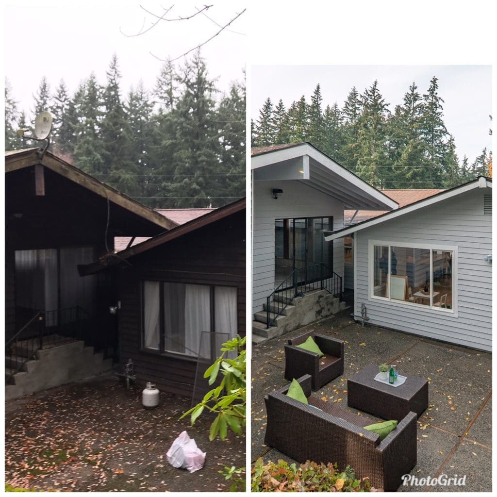 Side-by-side images showcase a house before and after its transformation from a darker exterior to a modern design. The flipping houses project includes lighter colors and refreshed outdoor seating, highlighting the impressive upgrades.