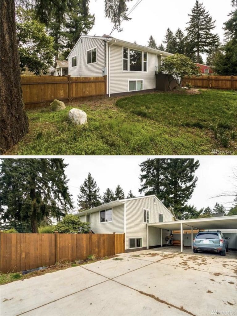 Two images of a house ideal for house hacking, featuring a gray exterior and large windows. The top image showcases a grassy front yard with a wooden fence, while the bottom one displays a carport with a vehicle and driveway.