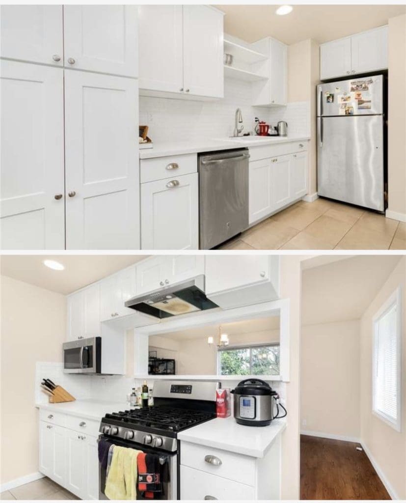 Two images of a modern kitchen with stainless steel appliances, perfect for house hacking. The top image features a fridge and dishwasher, while the bottom captures a stove and microwave surrounded by sleek white cabinets and tiled backsplash.