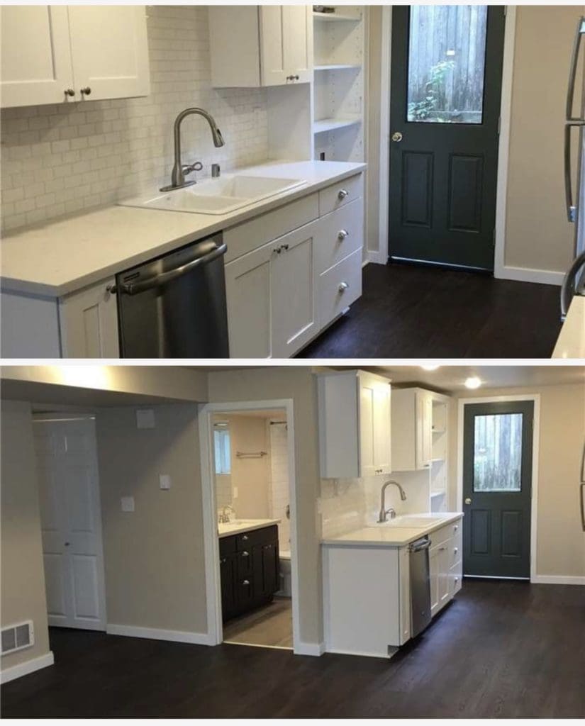 A small modern kitchen, perfect for house hacking, features white cabinets, a white sink, stainless steel dishwasher, and a dark green door. Wooden floors complement the light-colored walls beautifully.