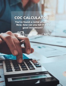 A person is using a calculator, with text on the image introducing a cash-on-cash calculator for evaluating rental property investments.