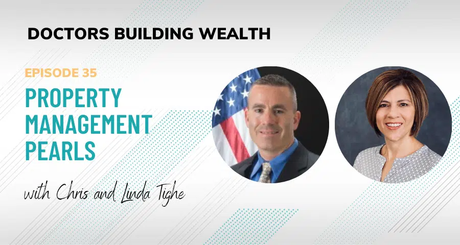 Podcast episode cover titled "Property Management Pearls" with images of a man and a woman, labeled as Chris and Linda Tighe.