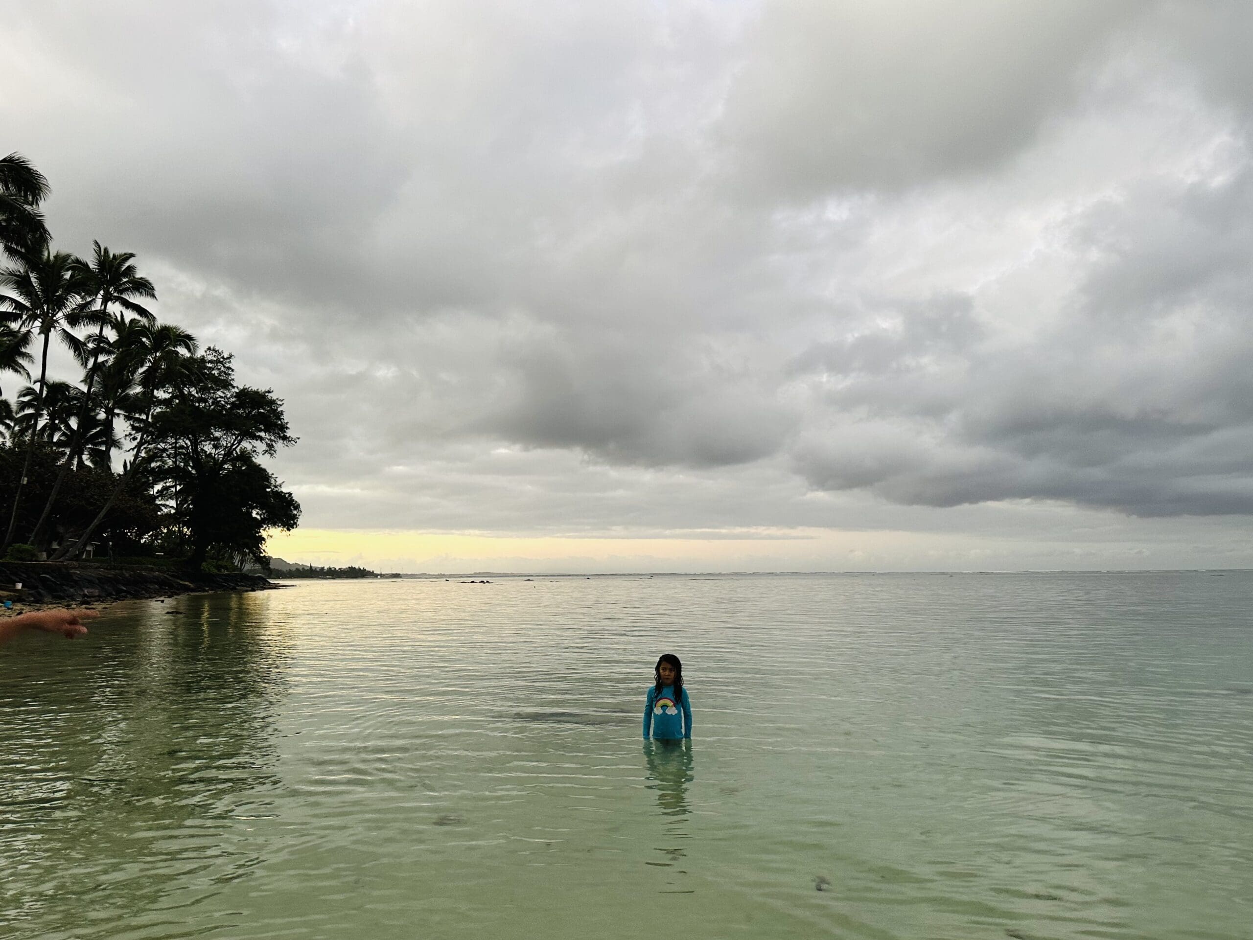 A child stands joyfully in calm, shallow water at a beach under a cloudy sky, embodying the serenity of investor happiness, as trees gently line the shoreline in the background.