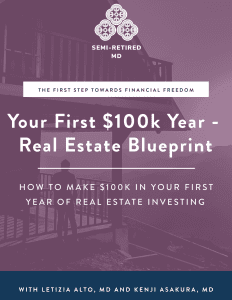 Promotional flyer titled "Your First $100k Year - Real Estate Blueprint" by Letizia Alto and Kenji Asakura, MD. Includes tagline: "The first step towards financial freedom.
