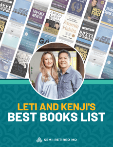 A smiling couple is featured on the cover of a booklist titled "Leti and Kenji's Best Books List," displaying several book covers in the background.