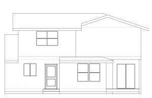 Architectural blueprint of a two-story house with outlined windows, doors, and a sloped roof.