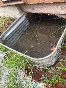 A metal basin filled with water is placed under a wooden structure surrounded by wet grass and fallen leaves.