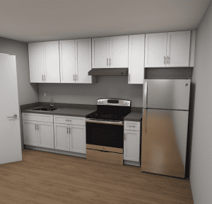 A kitchen featuring white cabinets, a stainless steel refrigerator, stove, and hood, with a sink and faucet on a wooden floor.