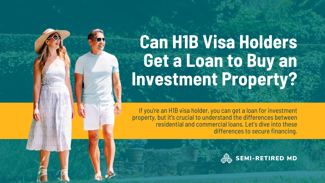 A couple walks outdoors with a banner asking if H1B visa holders can get a loan to buy an investment property, including a note about understanding loan differences.