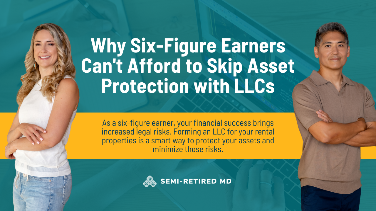Two people stand in front of a sign that reads "Why Six-Figure Earners Can't Afford to Skip Asset Protection with LLCs" with text about financial risks for high earners.