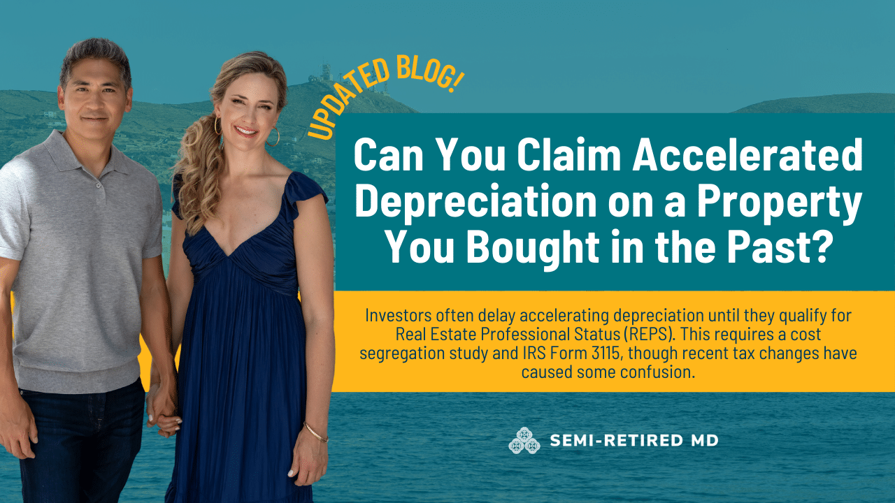 A man and woman stand smiling in front of a turquoise background. Text discusses accelerated depreciation and tax implications for real estate properties.