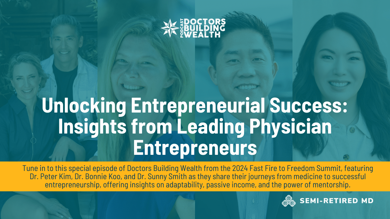 Promotional image for a summit featuring entrepreneurial insights from physician entrepreneurs, with photos of four speakers and event details.