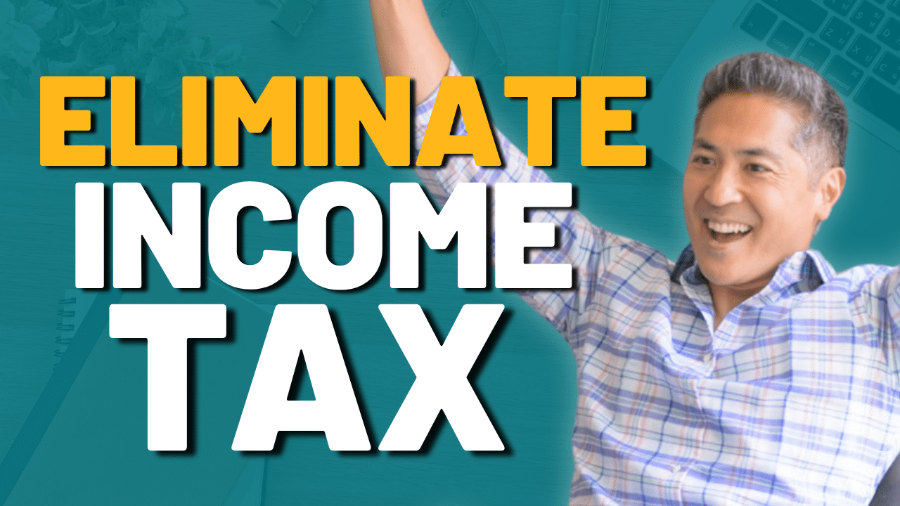 A smiling man in a plaid shirt raises his arms beside large bold text that reads "Eliminate Income Tax" on a teal background.