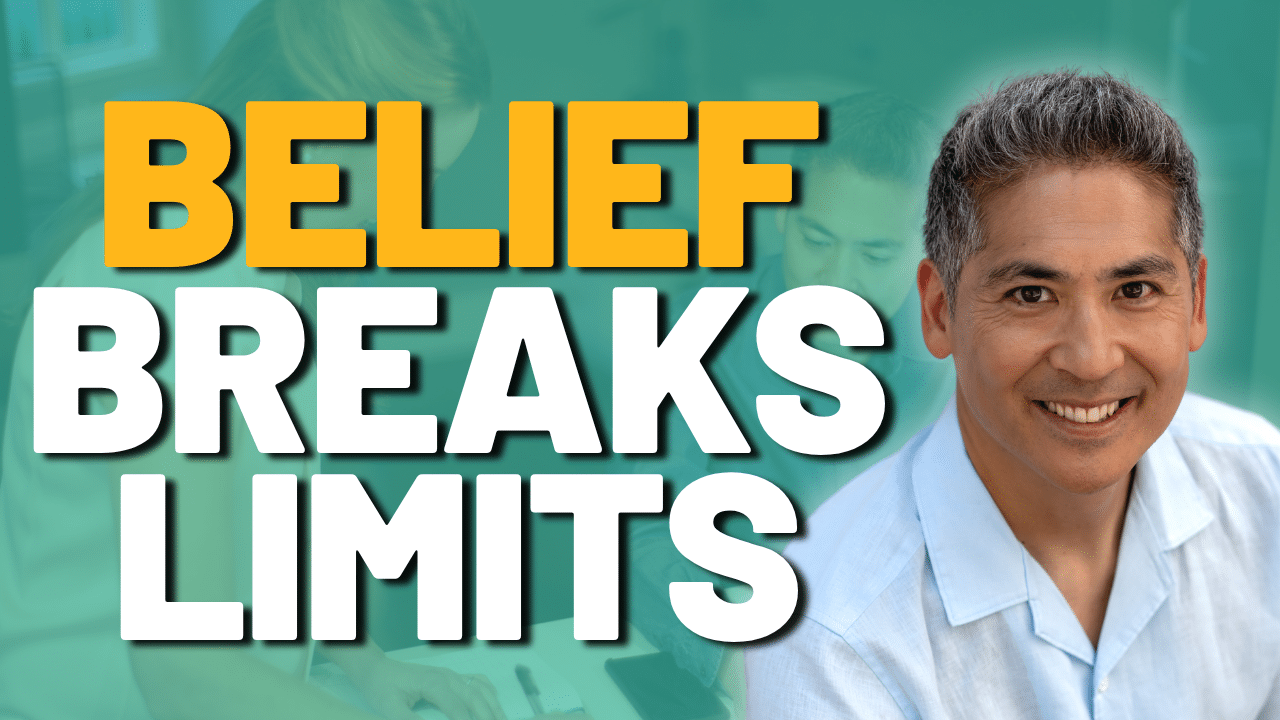 Smiling man in a light blue shirt with the words "BELIEF BREAKS LIMITS" prominently displayed beside him.
