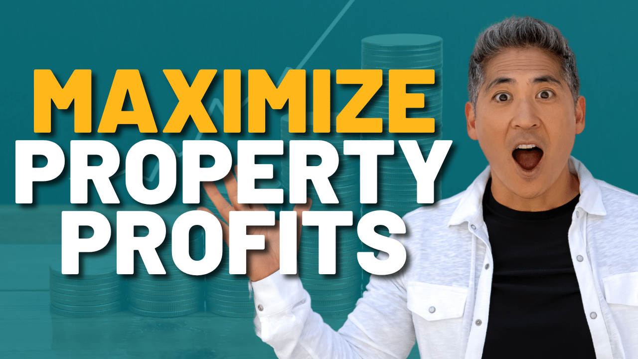 A surprised man gestures next to large bold text reading "Maximize Property Profits," with stacked coins in the background.