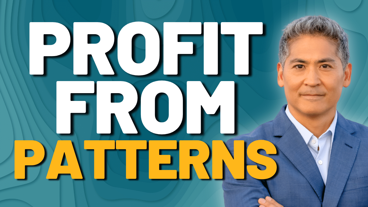 A man in a blue suit stands confidently next to large text that reads "PROFIT FROM PATTERNS" against a teal patterned background.