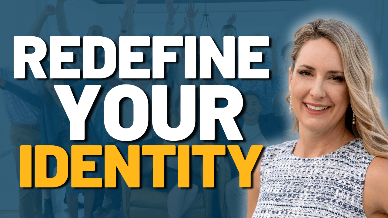 A woman in a sleeveless patterned top smiles in front of large text that reads "Redefine Your Identity" with a group of people blurred in the background.
