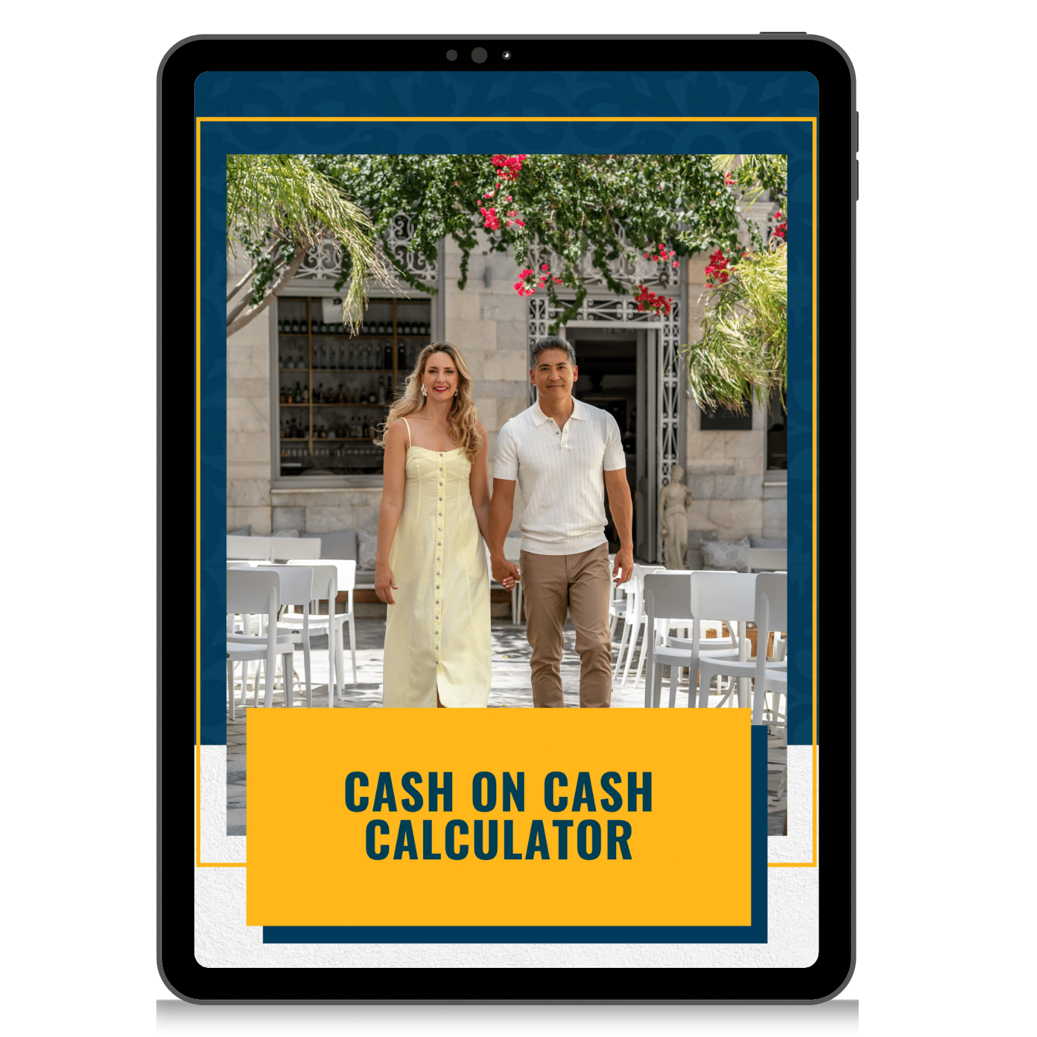 A man and woman stand outdoors holding hands in front of a cafe. Text on the image reads: "Cash On Cash Calculator.