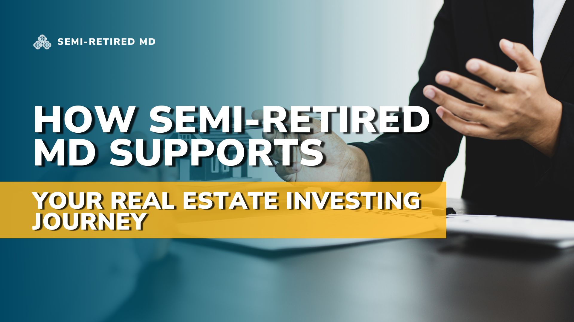 A Semi-Retired MD in business attire gestures confidently over paperwork and a pen, highlighting support and guidance tailored for physicians exploring real estate investing.